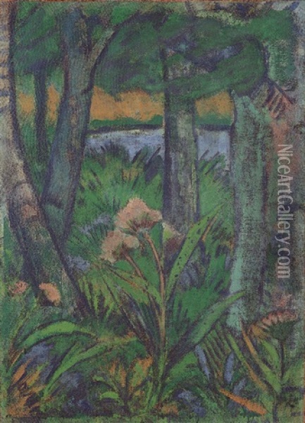 Waldstuck Mit Blumen Und Teich Oil Painting - Otto Mueller