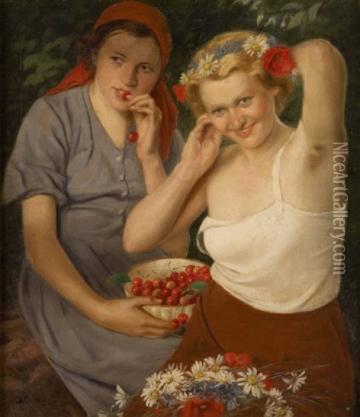 Jeunes Filles Au Panier De Fruits Oil Painting - Jakub Obrovsky