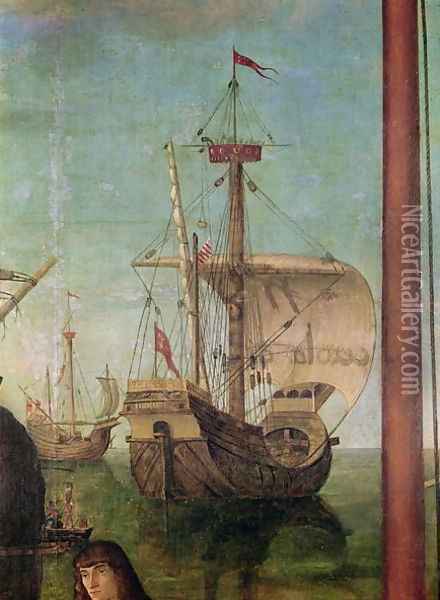 The Meeting and Departure of the Betrothed, from the St. Ursula Cycle, detail of a ship, 1490-96 Oil Painting - Vittore Carpaccio