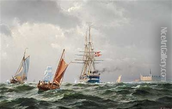 Livlig Trafik I Sundet Ud For Kronborg Med Fregatten Jylland Set Fra Bagbord Oil Painting - Carl Johann Neumann