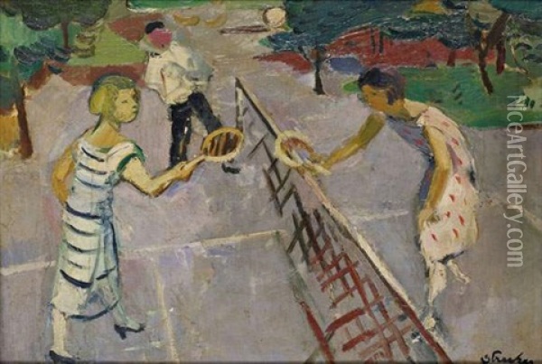 Deux Elegantes A Talons Jouant Au Tennis Sous Le Regard D'un Homme Oil Painting - Paul Strecker
