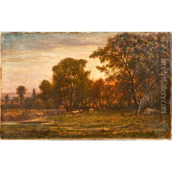 Landscape Grazing Cattle Oil Painting - Charles Wilson Knapp