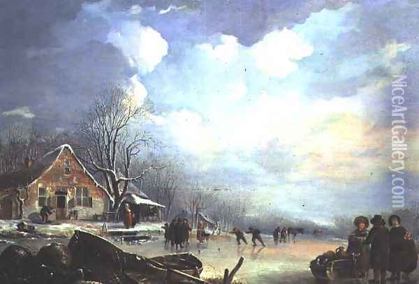 Winter landscape with cottage and figures Oil Painting - Andries Vermeulen