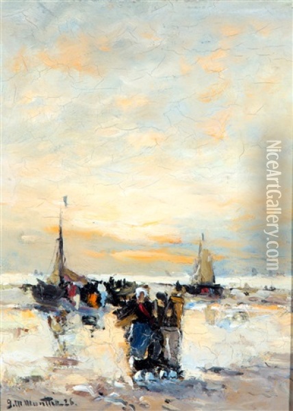 Vissersvolk En Bomschuiten Op Het Strand, Scheveningen Oil Painting - Gerhard Arij Ludwig Morgenstjerne Munthe