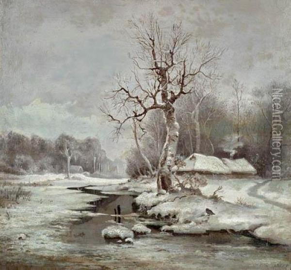 River Landscape In The Winter. Oil Painting - Iulii Iul'evich (Julius) Klever