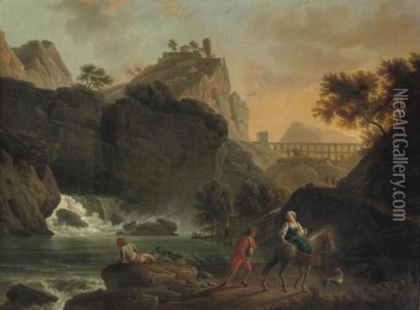 A Mountainous River Landscape 
With Travellers On A Track, A Town On A Hill And A Roman Acquaduct 
Beyond Oil Painting - Claude-joseph Vernet