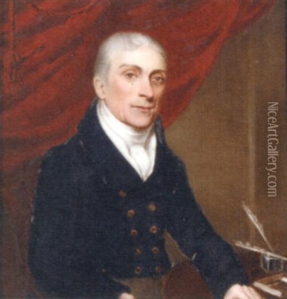 Charles Pennington M.d., In A Black Coat And White Waistcoat And Cravat, His Left Arm Leaning On A Table With A Quill And Ink; Crimson Drapery Background Oil Painting - William Corden