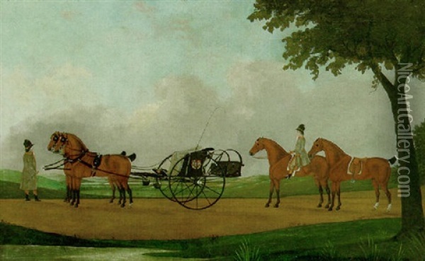 A Curricle And Grooms On A Road In An Extensive Landscape Oil Painting - John Cordrey