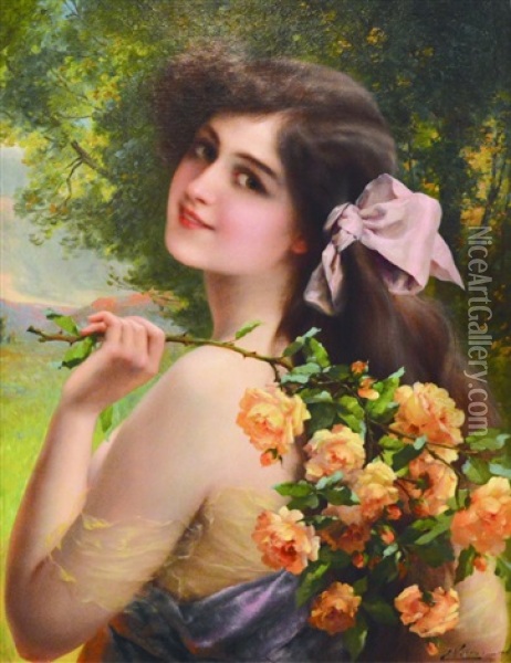 Jeune Femme Aux Roses (1911) Oil Painting - Emile Vernon