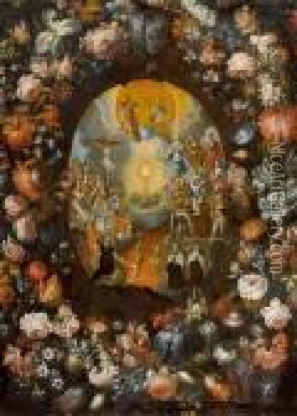 Blumenkranz Mit Heiliger Dreieinigkeit Und Heiligen. Oil Painting - Abraham Brueghel