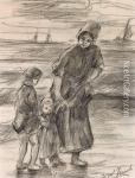 Mutter Mit Ihren Beiden Kindern Am Strand Oil Painting - Jozef Israels