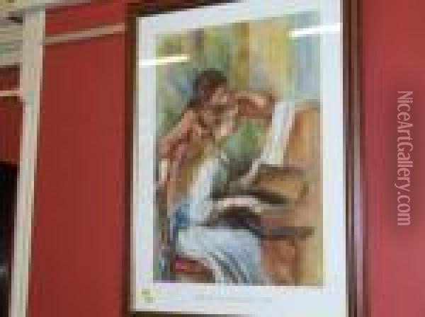 -children At The Piano - Coloured Print Oil Painting - Pierre Auguste Renoir