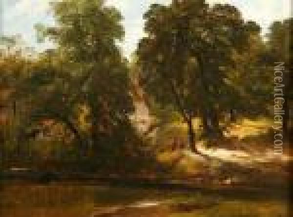 Panel Twofigures On A Riverbank By A Cottage Oil Painting - Frederick Richard Lee