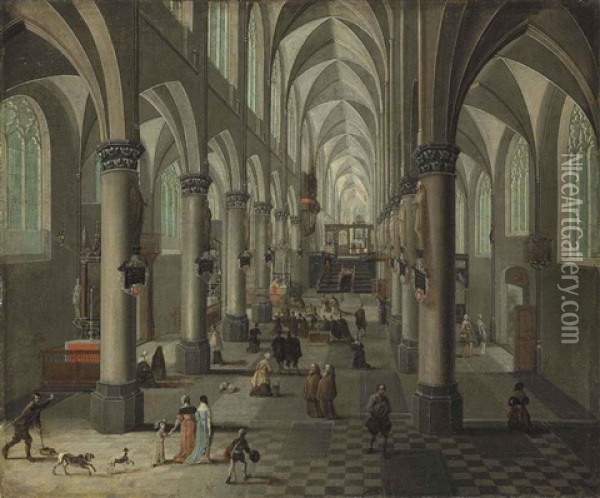 Interior Of A Gothic Church With Elegant Figures And Dogs In The Foreground And A Mass Beyond Oil Painting - Peeter Neeffs the Younger