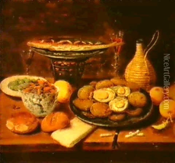 Still Lifes Of Oysters, Nuts, Bread And Fruit With A Wine   Flagon And Fish On A Brazier Arranged On A Stone Ledge... Oil Painting - Jan van Kessel the Younger