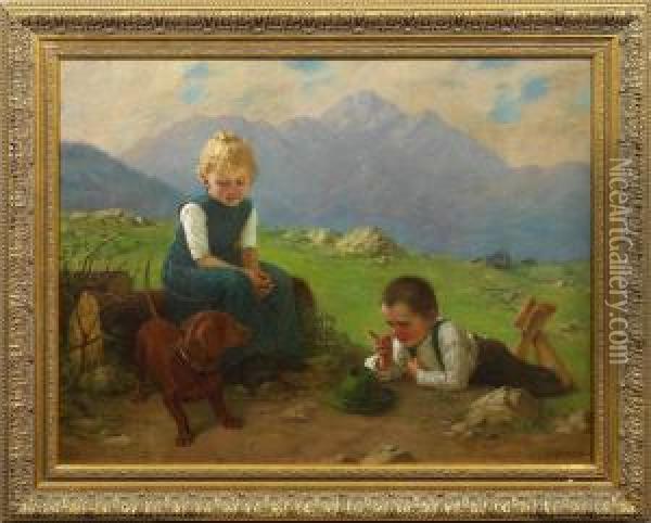 Spielendes Kinderpaar Mit Dackel Auf Der Sommerlichen Alm Oil Painting - Theodor Kleehaas