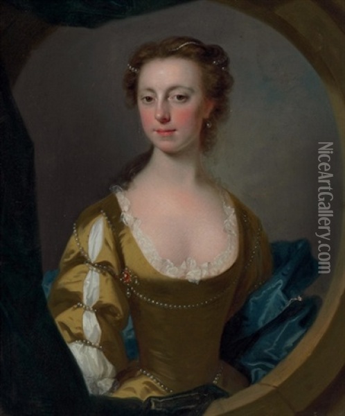 Portrait Of A Lady, Traditionally Identified As Mrs. Kitty Clive In A Feigned Stone Oval Window Oil Painting - Allan Ramsay
