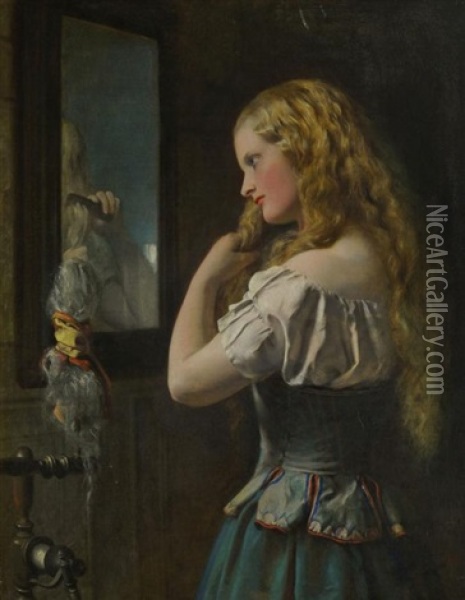 Girl Brushing Her Hair At A Mirror Oil Painting - Francis John Wyburd