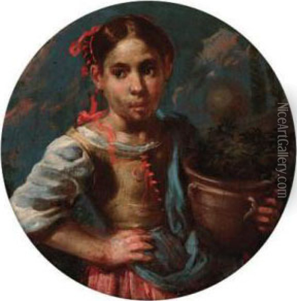An Allegory Of Summer (?): A Girl Holding An Earthenware Pot Withflowers Oil Painting - Bernhard Keil