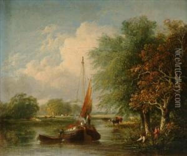 Figures On Asailing Barge In A River Landscape Oil Painting - Samuel David Colkett