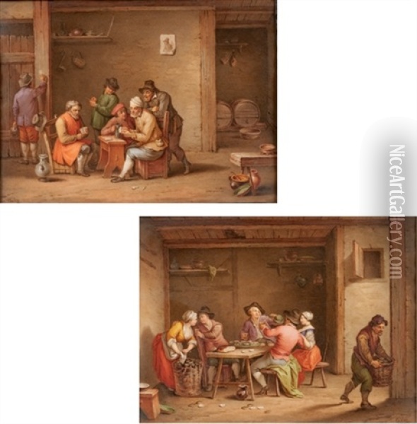 Paysans Mangeant (+ Paysans Jouant Aux Cartes; Pair) Oil Painting - Jean-Georges Baltz