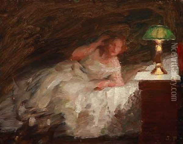 Female Model Lying At The Lamplight Oil Painting - Julius Paulsen