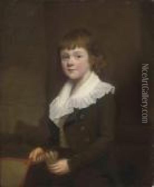 Portrait Of A Young Boy, Traditionally Identified As George Edwardrussell , Three-quarter-length, In A Green Jacket Andwhite Shirt, Before A Column, Holding A Battledore And Ashuttlecock, A Landscape Oil Painting - George C. Watson