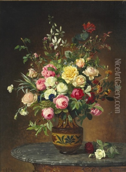 Flowers In A Vase On A Table Oil Painting - Olaf August Hermansen