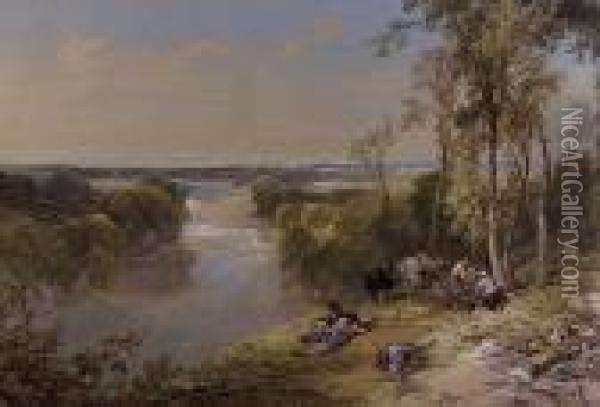 On The River Findhorn, Nr Forres, Ross-shire Hills In The Distance Oil Painting - Thomas Miles Richardson