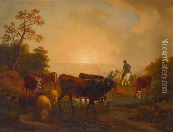Bauer Mit Kind Und Ein Vornehmer Reiter Und Vieh Im Abendlicht Oil Painting - Friedrich Karl Joseph Simmler