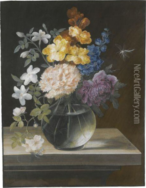 Still Life With A Carnation, Briar Rose And Other Flowers In Aglass Vase Oil Painting - Barbara Regina Dietzsch