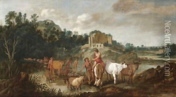 A Landscape With Drovers And Their Animals Fording A River Oil Painting - Moyses or Moses Matheusz. van Uyttenbroeck