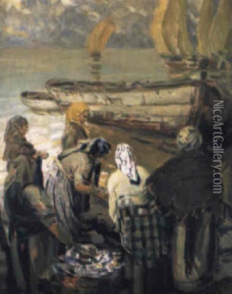 Pescadoras Limpiando La Pesca Oil Painting - Enrique Martinez Cubells y Ruiz