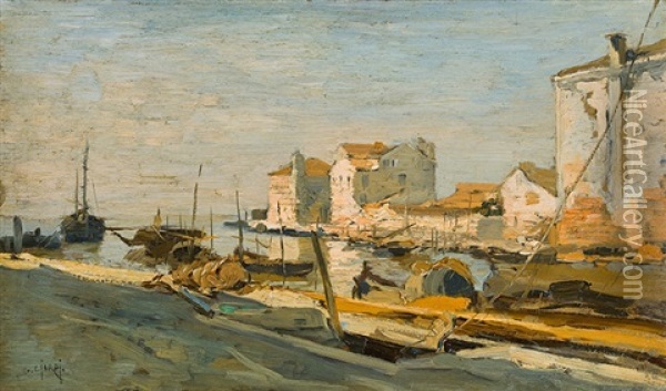 View Of Mazzorbo's Harbour In The Lagoon Of Venice Oil Painting - Guglielmo Ciardi