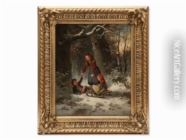Hibernal Sleigh Ride In The Forest Oil Painting - Carl Goebel