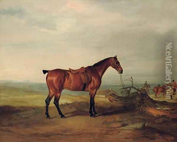 A saddled bay hunter in a landscape, with huntsmen and hounds beyond Oil Painting - John Snr Ferneley