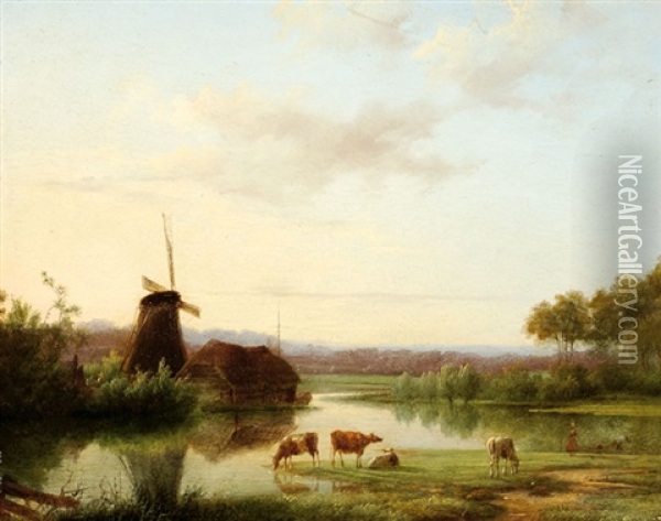 River Landscape With A Shepherdess With Her Cows And To The Left A Mill By A Farm Oil Painting - Marinus Adrianus Koekkoek