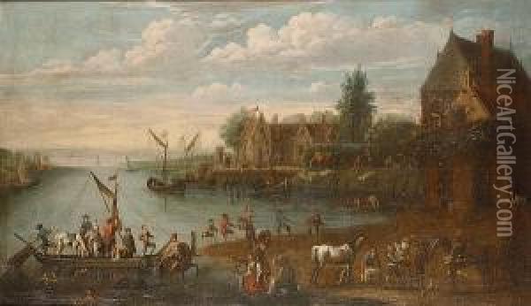 A Busy Riverside Town With Figures Disembarking From A Ferry Oil Painting - Pieter Gysels