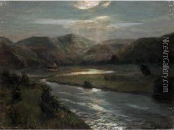River Landscape Oil Painting - Julius Olsson