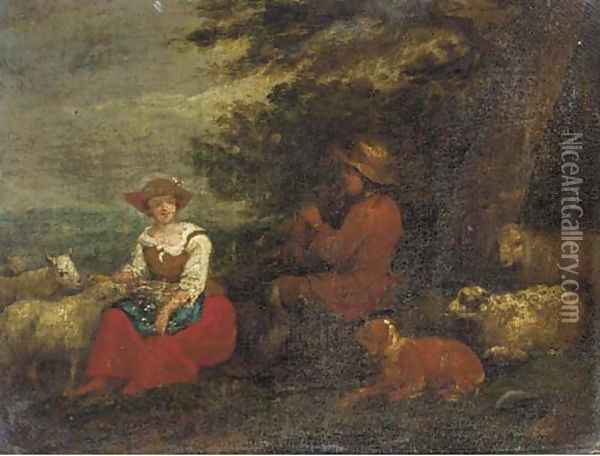 A shepherd playing a flute to a shepherdess with sheep and a dog Oil Painting - Francesco Zuccarelli