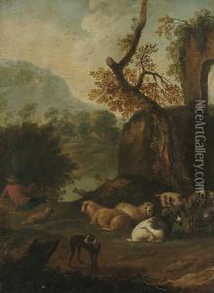 A Shepherd With His Flock Resting Beside A River Oil Painting - Jan Frans Soolmaker
