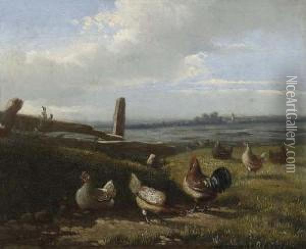 Huhner Auf Der Wiese. Oil Painting - Jean-Baptiste Van Leemputten