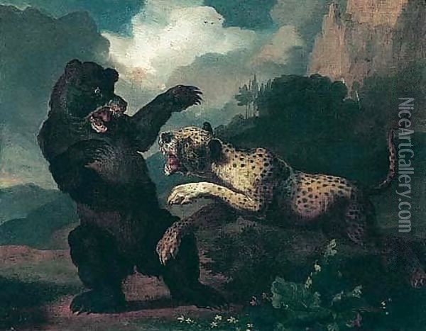 A Mountainous Landscape With A Leopard Attacking A Bear Oil Painting - Abraham Danielsz Hondius
