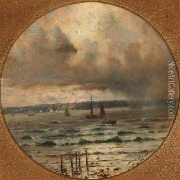 Coastal Scene With Sailing Ships In Rain Oil Painting - Johan Peter Von Wildenradt