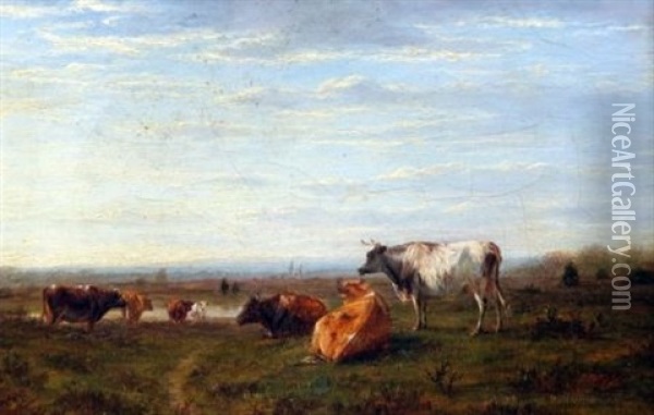 Cattle Grazing In River Landscape Oil Painting - William Luker Sr.