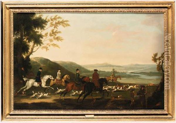 A Hunting Party After A Hare, With An Extensive River Landscapebeyond Oil Painting - James Seymour