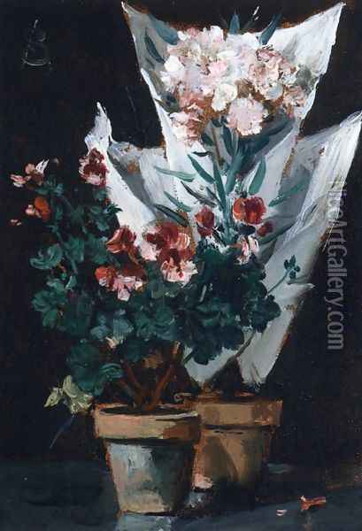 Still Life wit Potted Geraniums Oil Painting - Alfred-Emile-Leopole Stevens