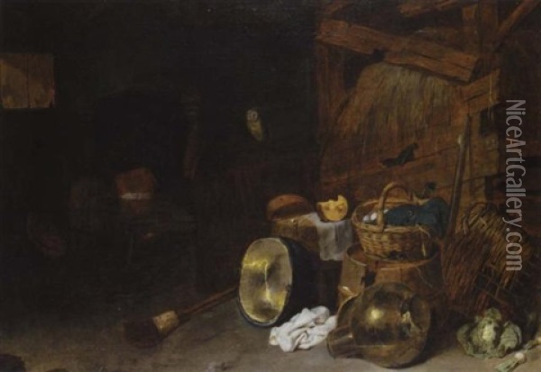 A Barn Interior With A Still Life Of Kitchen Utensils And An Owl, Two Men Beside A Fire Beyond Oil Painting - David Ryckaert III
