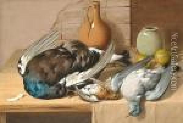 Still Life Of Dead Game Birds On A Kitchen Table. Oil Painting - William Cruickshank