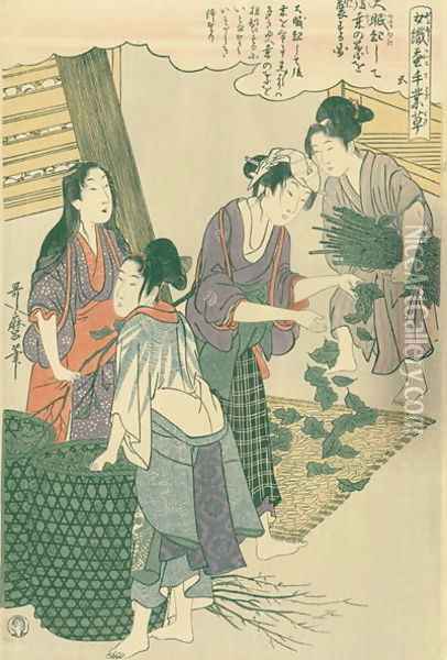 The great awakening of the silk worms, no.5 from Joshoku kaiko tewaza-gusa, c.1800 Oil Painting - Kitagawa Utamaro